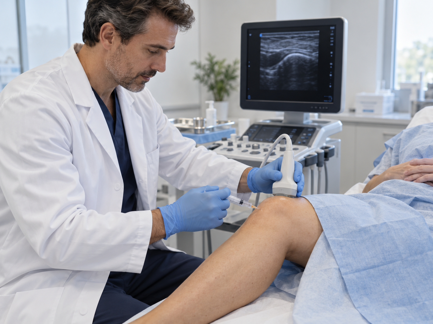 Medico che esegue una procedura infiltrativa in ambulatorio