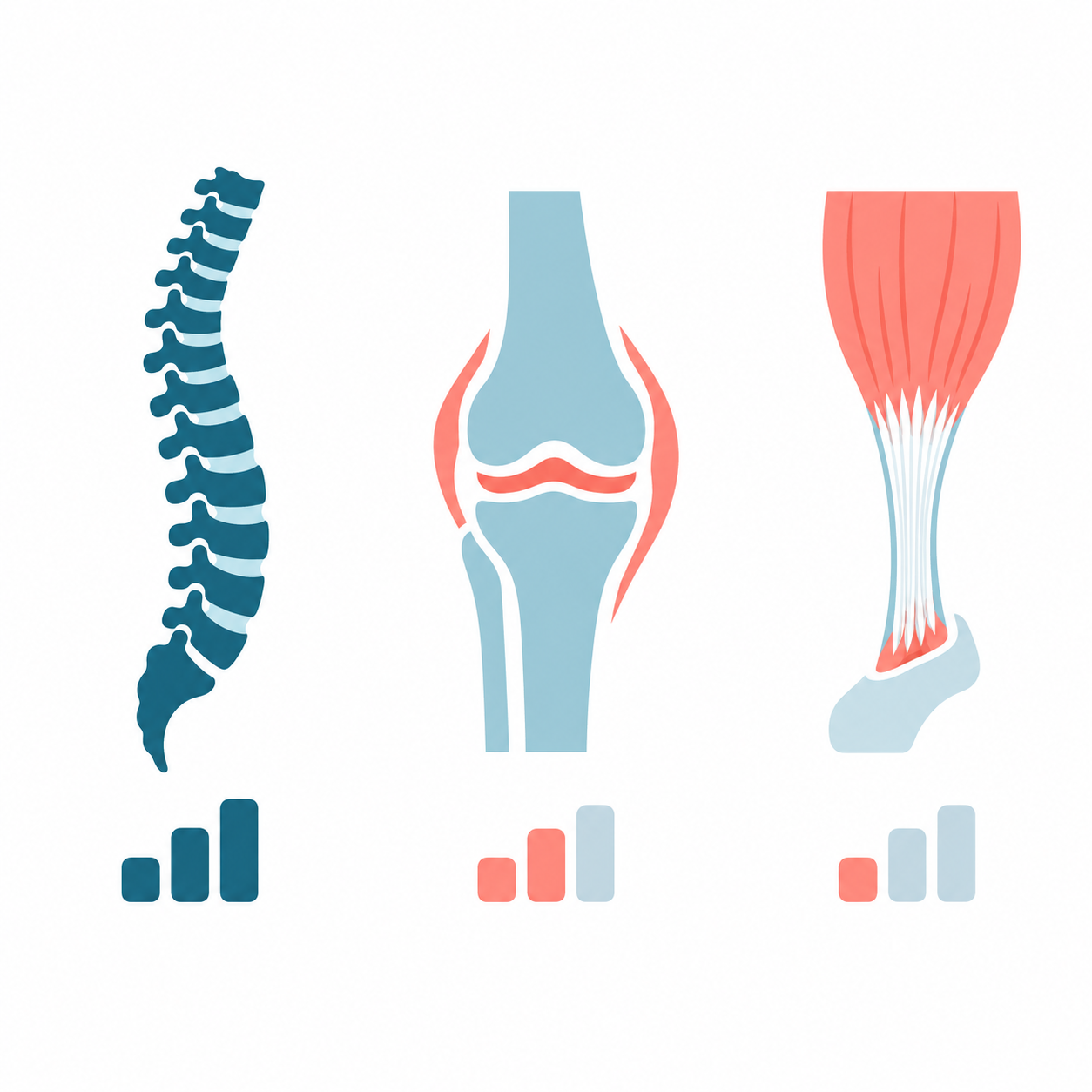 Illustrazione scientifica di colonna vertebrale ginocchio e tendine con differenti livelli di evidenza
