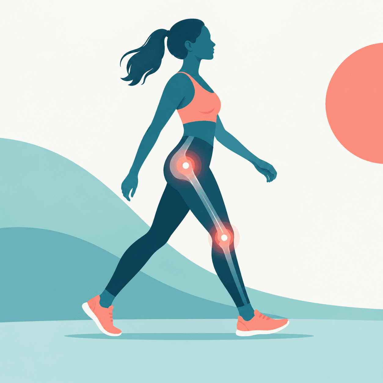Illustrazione di una persona in movimento con articolazioni di anca e ginocchio evidenziate