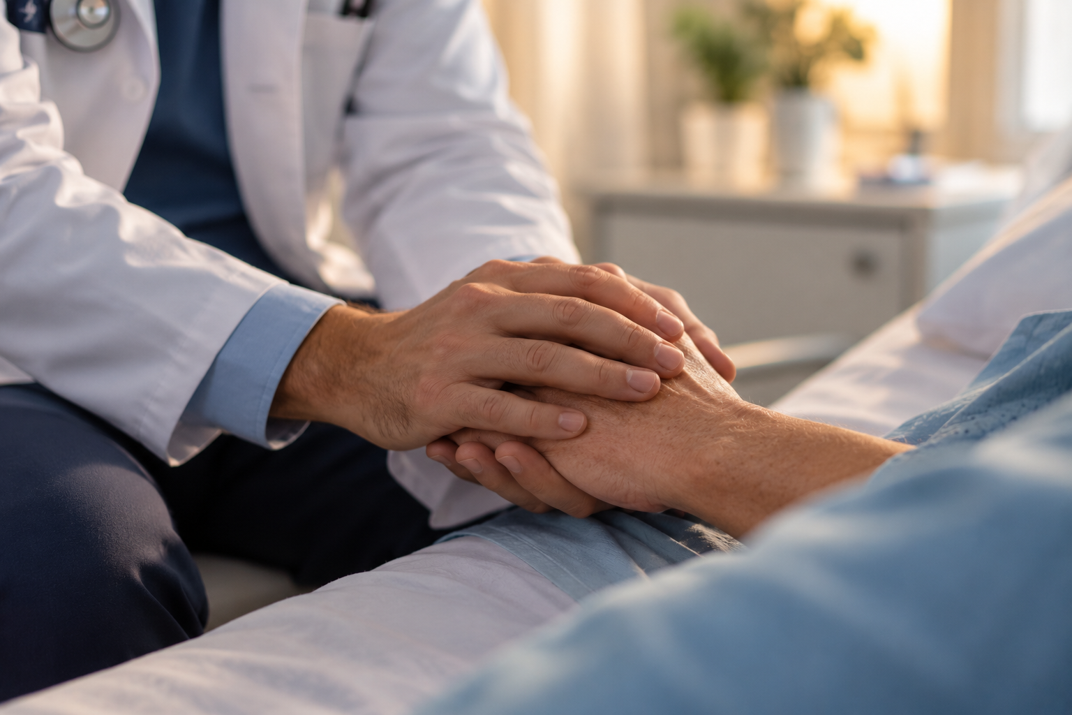 Medico che stringe con delicatezza la mano di un paziente