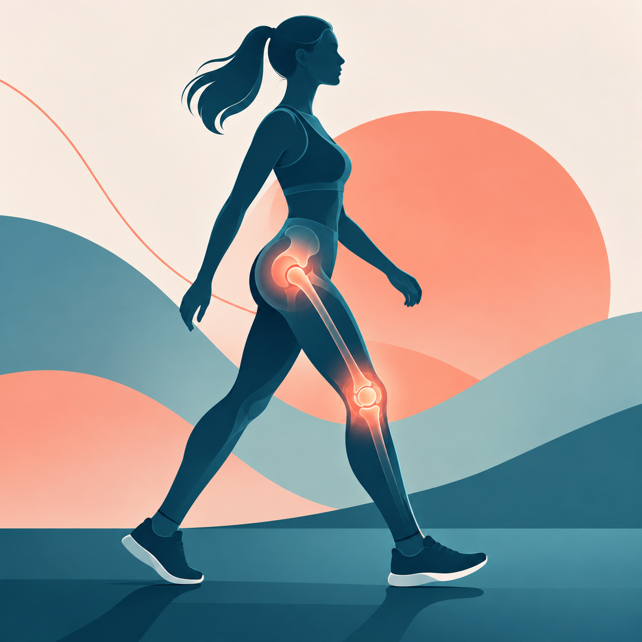 Illustrazione di una donna che cammina con le articolazioni di anca e ginocchio evidenziate