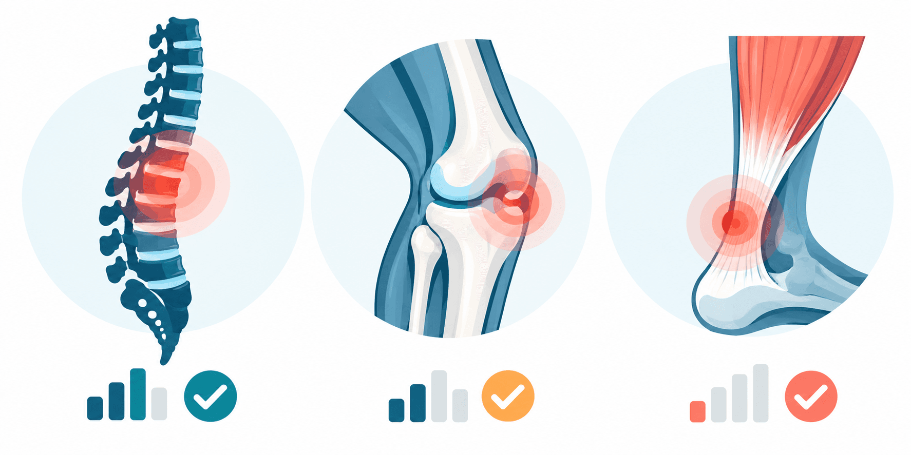 Infografica sulle indicazioni dell'ozonoterapia per colonna vertebrale, ginocchio e tendini