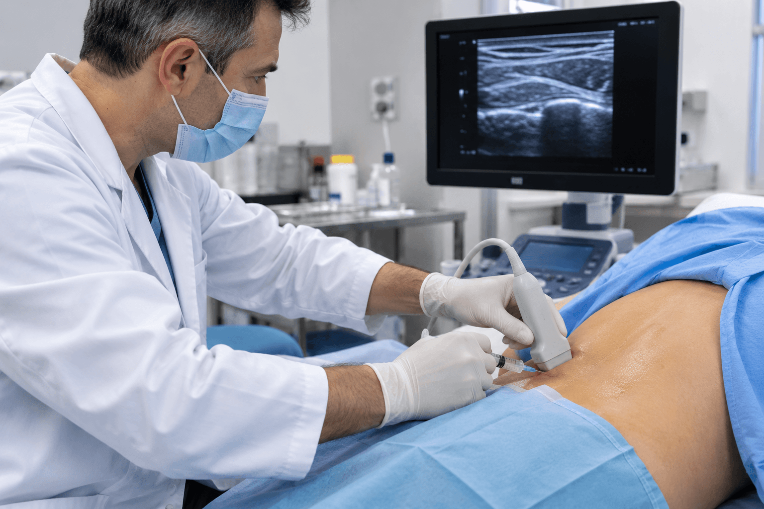 Medico che esegue un'infiltrazione guidata da imaging in ambulatorio