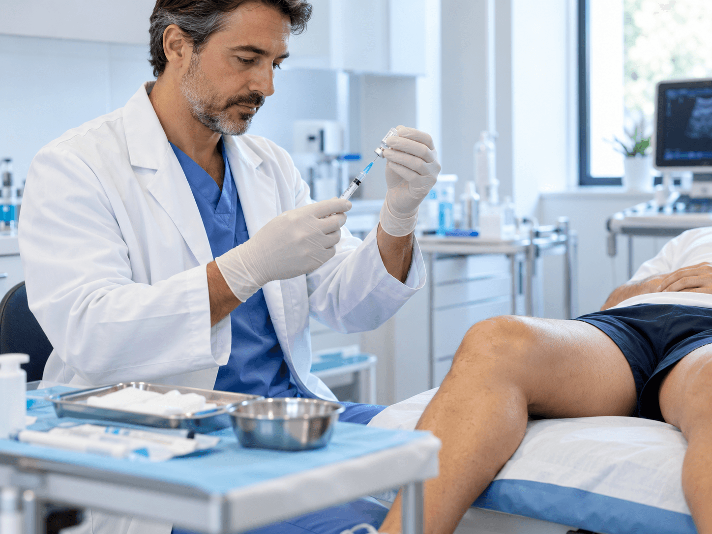 Medico che prepara una siringa per un'infiltrazione al ginocchio in ambulatorio